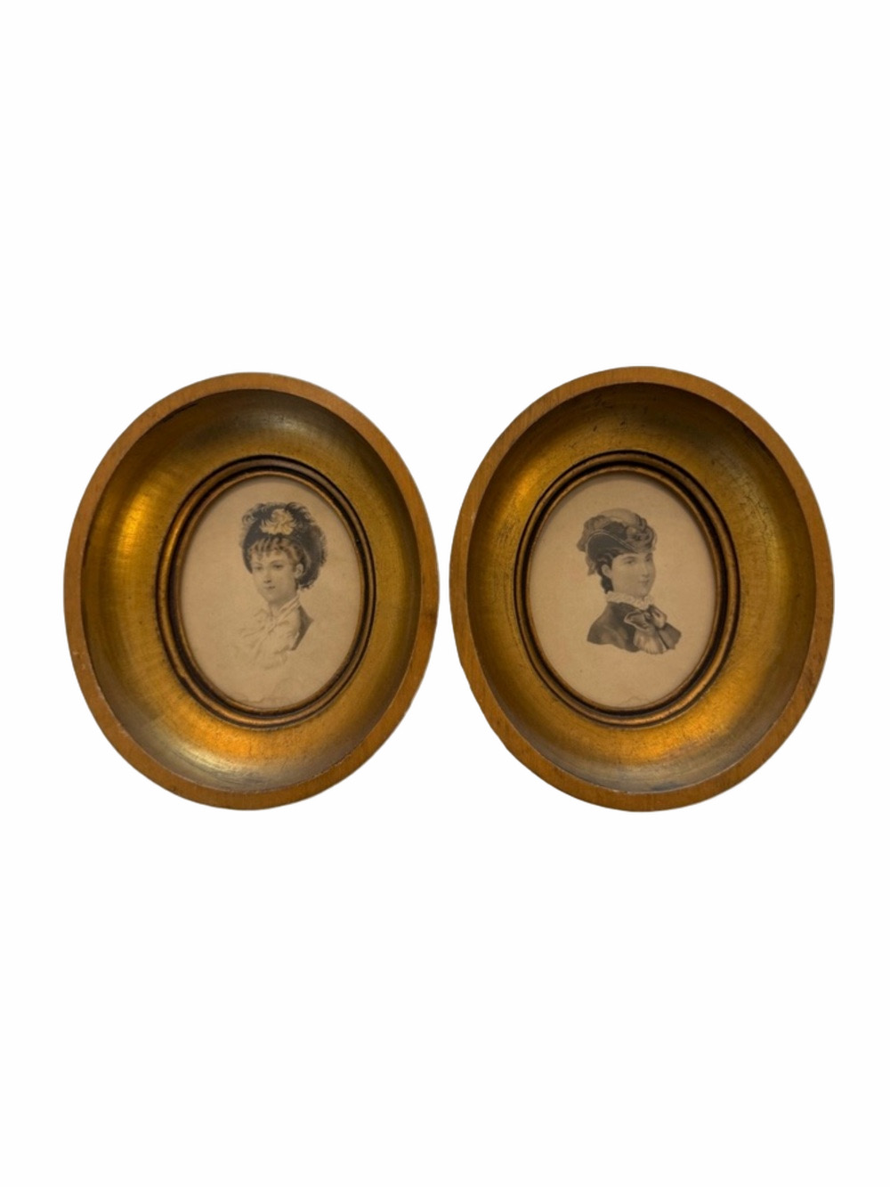 Pair of Antique Portrait Prints Oval Wood Gilt Frames 6.5” x 7.75” Vintage Gold